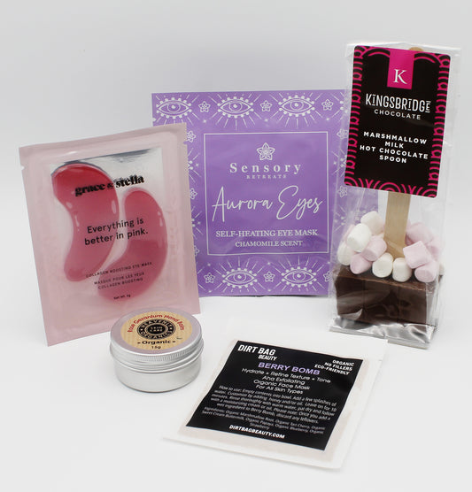Aurora Gift Box includes an eye mask, hot chocolate, a face mask and hand balm 